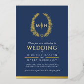 Leaf oval line art bruiloft foto donkerblauw goud folie uitnodiging (Voorkant)