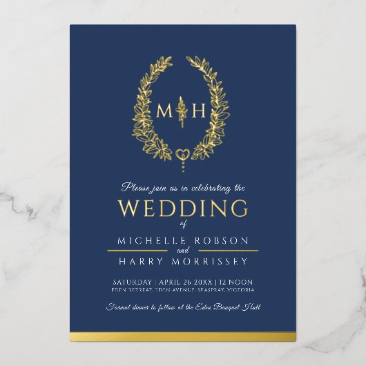Leaf oval line art bruiloft foto donkerblauw goud folie uitnodiging (Voorkant)