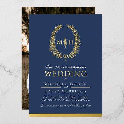 Leaf oval line art bruiloft foto donkerblauw goud folie uitnodiging (Voorkant / Achterkant)