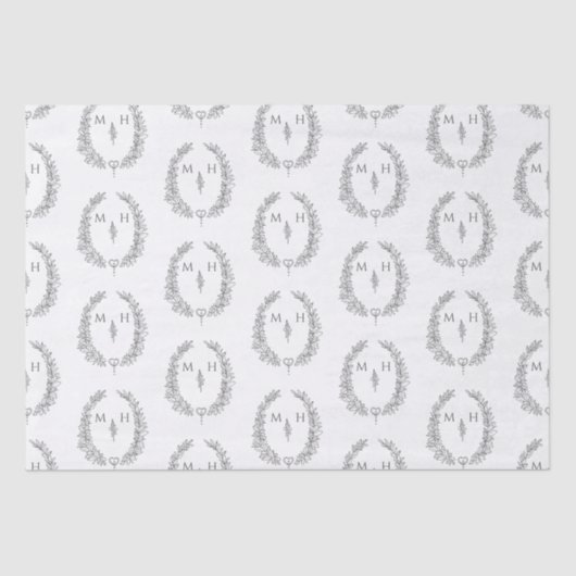 Leaf oval monogram tekengrijs op witte bruiloft tissuepapier (Voorkant)