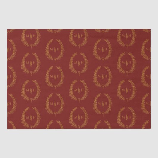 Leaf oval monogram tekening dark red gold bruiloft tissuepapier (Voorkant)