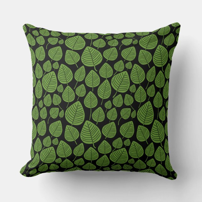Leaf Pattern 02 - Avocado Green op Black Kussen (Voorkant)