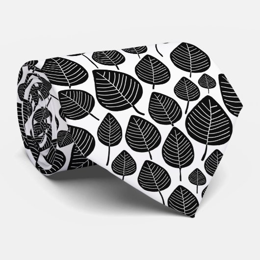 Leaf Pattern 02 - Black on White Stropdas (Opgerold)