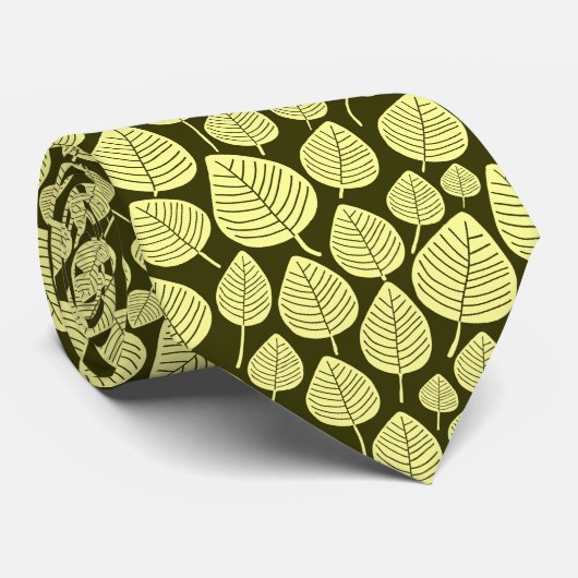 Leaf Pattern 02 - Chalk Yellow on Dark Olive Stropdas (Opgerold)