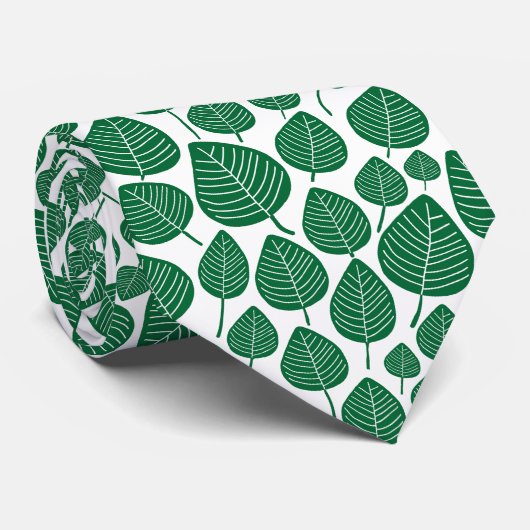Leaf Pattern 02 - Forest Green on White Stropdas (Opgerold)