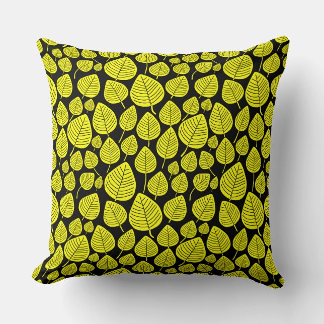 Leaf Pattern 02 - Geel op zwart Kussen (Voorkant)