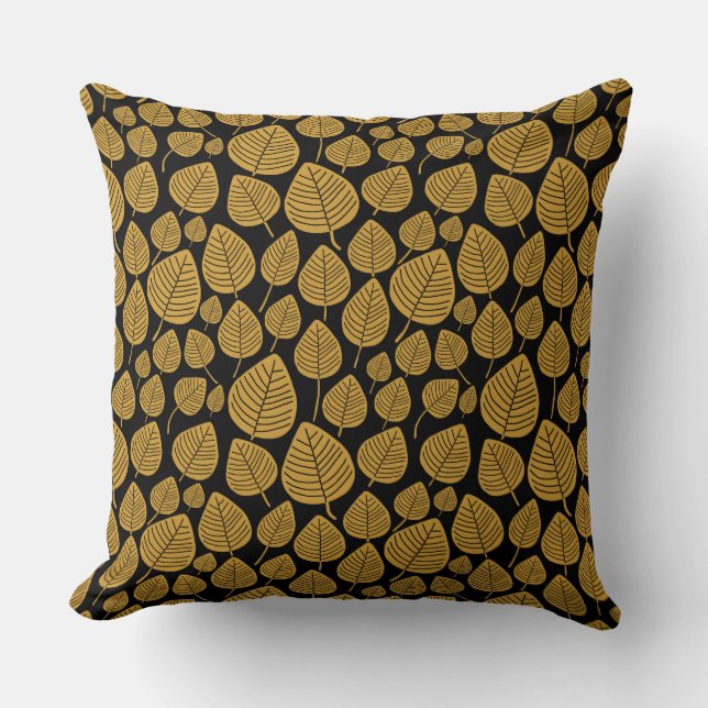 Leaf Pattern 02 - Gold Brown op Black Kussen (Voorkant)