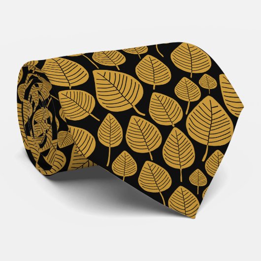 Leaf Pattern 02 - Gold Brown op Black Stropdas (Opgerold)