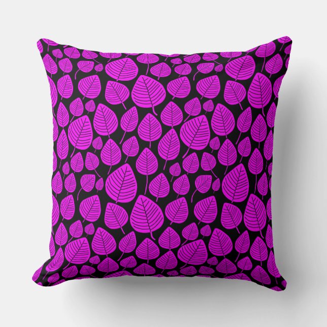 Leaf Pattern 02 - Magenta op Black Kussen (Voorkant)