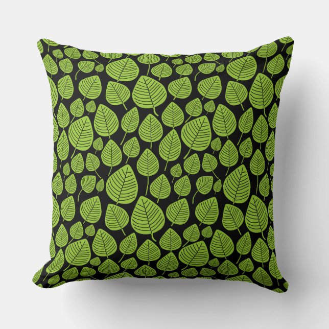 Leaf Pattern 02 - Martian Green op Black Kussen (Voorkant)