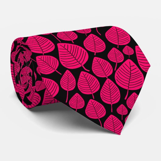 Leaf Pattern 02 - Neon Red op zwart Stropdas (Opgerold)