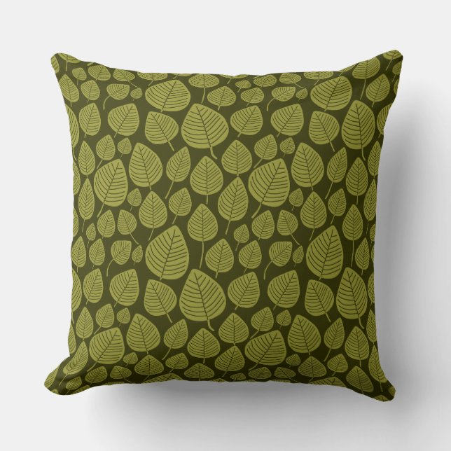 Leaf Pattern 02 - Olijf op Donkere Olijf Kussen (Voorkant)
