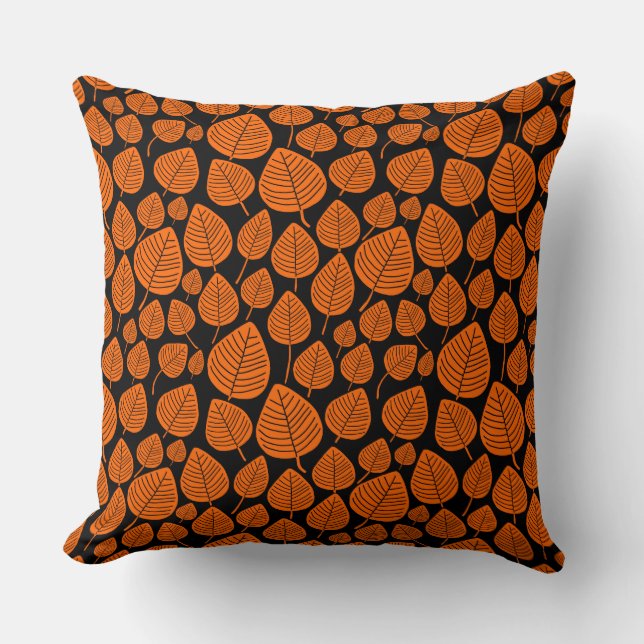 Leaf Pattern 02 - Oranje op zwart Kussen (Voorkant)