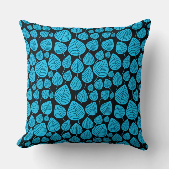 Leaf Pattern 02 - Sky Blue op Black Kussen (Voorkant)