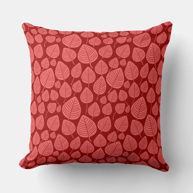 Leaf Pattern 02 - Tropisch Roze op Ruby Red Kussen (Voorkant)