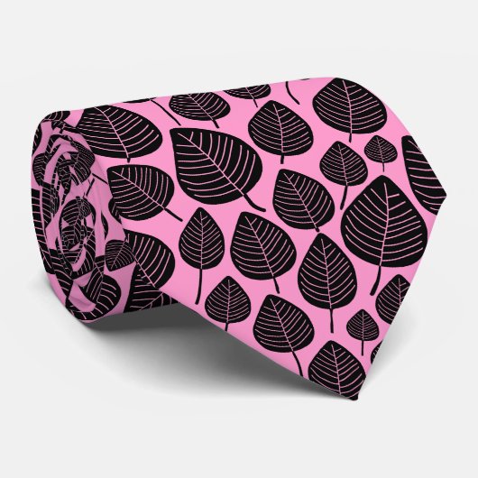 Leaf Pattern 02 - Zwart op Roze Stropdas (Opgerold)
