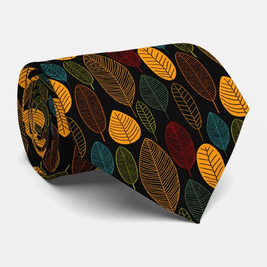 Leaf Pattern - Colors 03 on Black Stropdas (Opgerold)