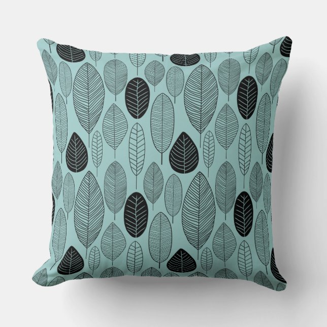 Leaf Pattern - Zwart op Light Blue Green Kussen (Voorkant)