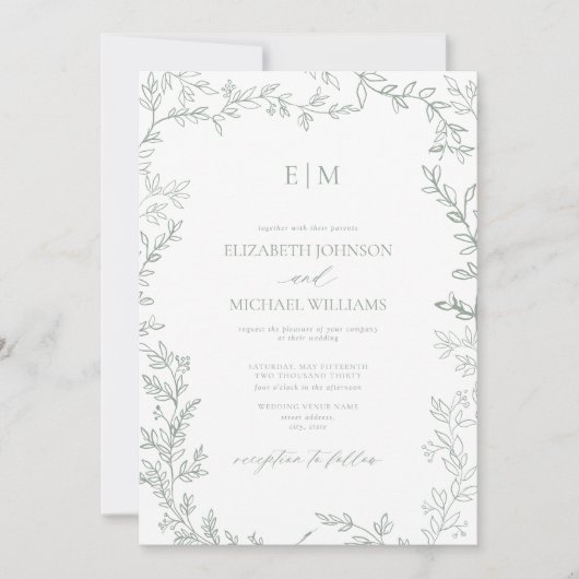 Leaf Sage Green Elegant Monogram Details Huwelijk Kaart (Voorkant)