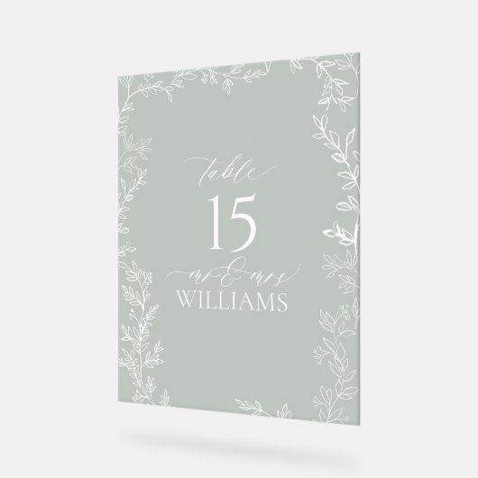 Leaf Sage Green Elegant Monogram Tafelnummer Acryl Bord (Hoek)