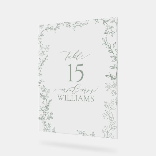Leaf Sage Green Elegant Monogram Tafelnummer Acryl Bord (Hoek)