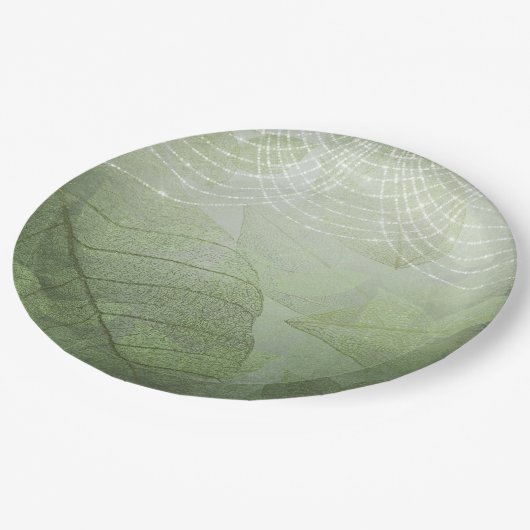 Leaf Sage Green Silver Glitter Fantasy Papieren Bordje (Gekanteld)