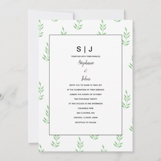 Leaf Salie Groen Monogram Minimale Bruiloft 2024 Kaart (Voorkant)