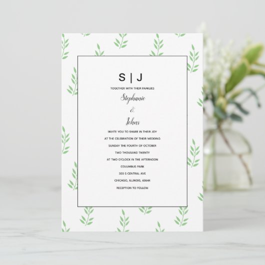 Leaf Salie Groen Monogram Minimale Bruiloft 2024 Kaart (Staand voorkant)
