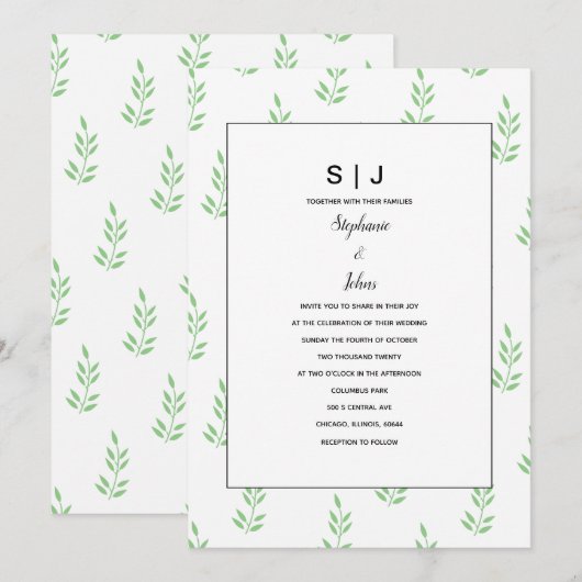 Leaf Salie Groen Monogram Minimale Bruiloft 2024 Kaart (Voorkant / Achterkant)