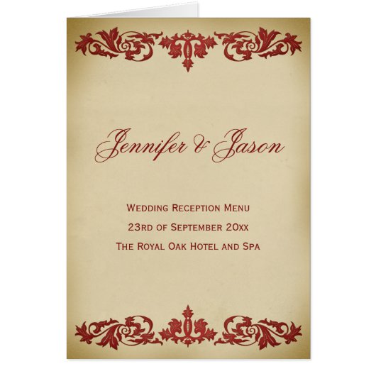 Leaf Scroll Style Wedding Menu in Bourgogne (Voorkant)