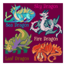 Leaf, sky, fire, sea Dragon pixel art Perfect Poster