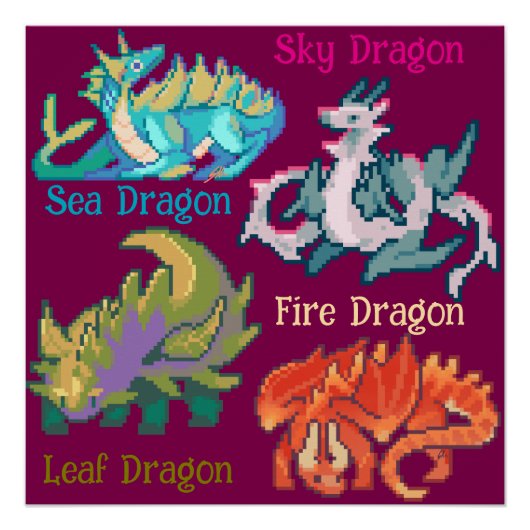 Leaf, sky, fire, sea Dragon pixel art Perfect Poster (Voorkant)