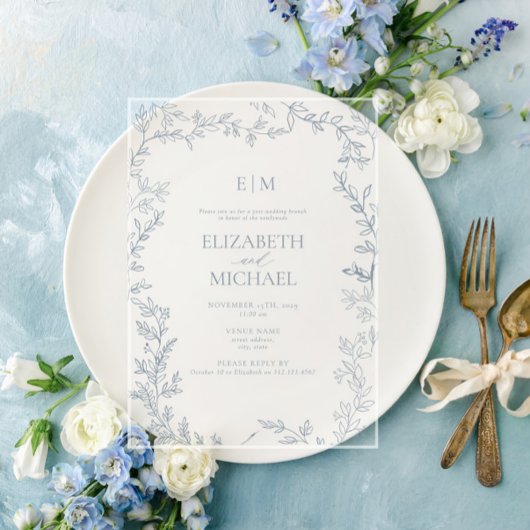 Leaf Stof Blauw Monogram Post-Huwelijks Brunch Acryl Uitnodigingen