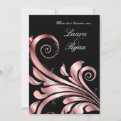 Leaf Swirl bruiloft uitnodiging zwart roze (Voorkant)
