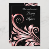 Leaf Swirl bruiloft uitnodiging zwart roze (Voorkant / Achterkant)