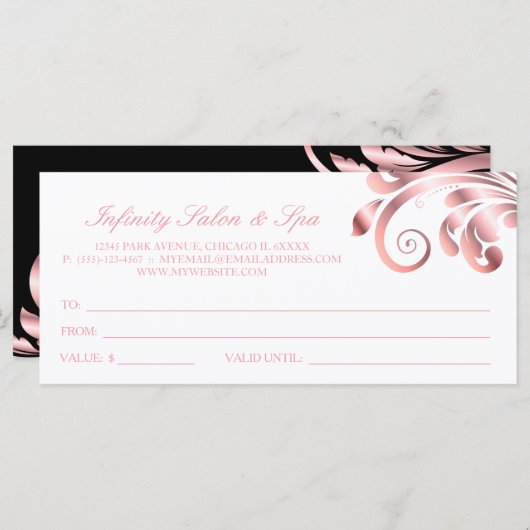 Leaf Swirl Nail Salon Gift Certificate Roze Black (Voorkant / Achterkant)
