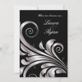 Leaf Swirl Wedding Invitation Black Silver Kaart (Voorkant)