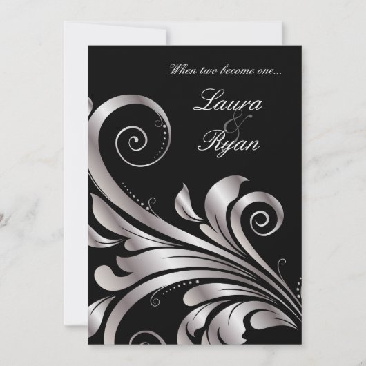Leaf Swirl Wedding Invitation Black Silver Kaart (Voorkant)