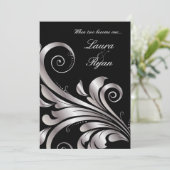 Leaf Swirl Wedding Invitation Black Silver Kaart (Staand voorkant)