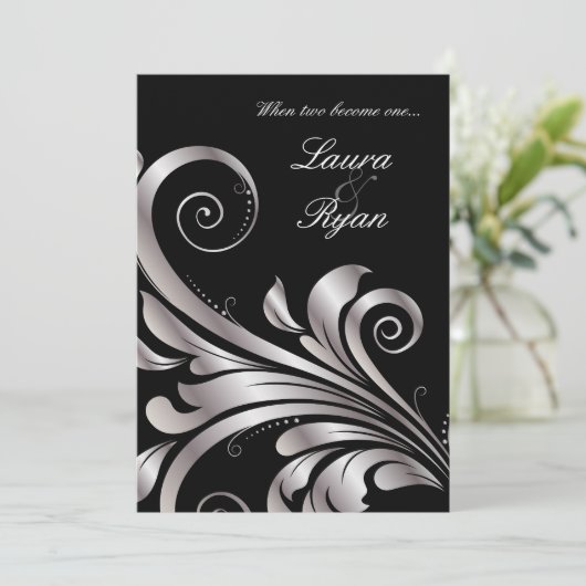 Leaf Swirl Wedding Invitation Black Silver Kaart (Staand voorkant)