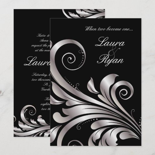 Leaf Swirl Wedding Invitation Black Silver Kaart (Voorkant / Achterkant)