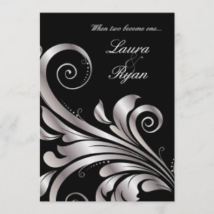 Leaf Swirl Wedding Invitation Black Silver Kaart