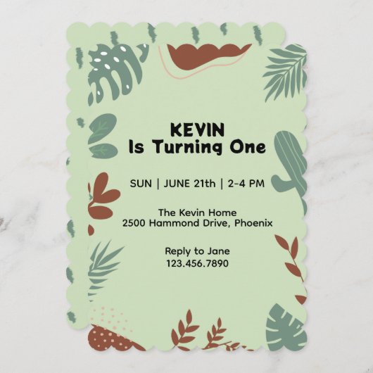 Leaf Theme First Birthday Invitation Kaart (Voorkant / Achterkant)