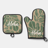 Leaf Tiki Sage Green Hawaiian Tropical Ovenwant & Pannenlap Set (Voorkant)