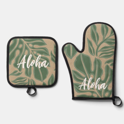 Leaf Tiki Sage Green Hawaiian Tropical Ovenwant & Pannenlap Set (Voorkant)
