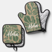 Leaf Tiki Sage Green Hawaiian Tropical Ovenwant & Pannenlap Set (Voorkant / Achterkant)
