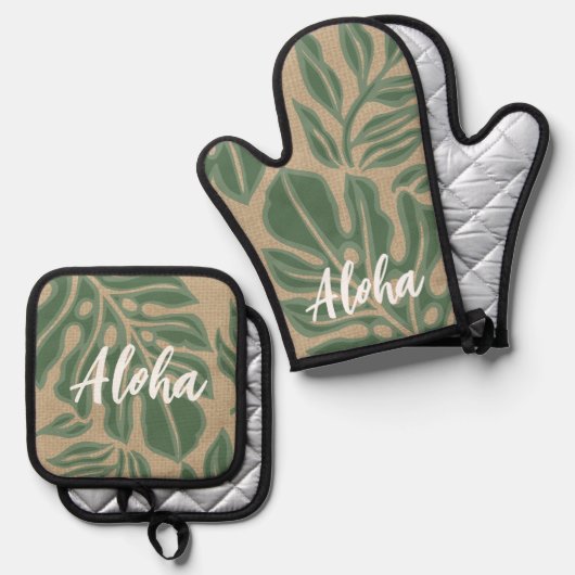 Leaf Tiki Sage Green Hawaiian Tropical Ovenwant & Pannenlap Set (Voorkant / Achterkant)