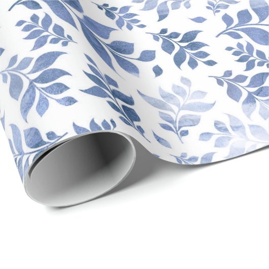 Leaf van Navy Blue en White Waterverf Cadeaupapier (Rol Hoek)