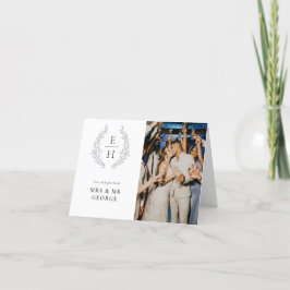 Leaf Wreath Monogram Photo Wedding Bedankkaart