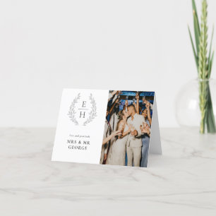 Leaf Wreath Monogram Photo Wedding Bedankkaart